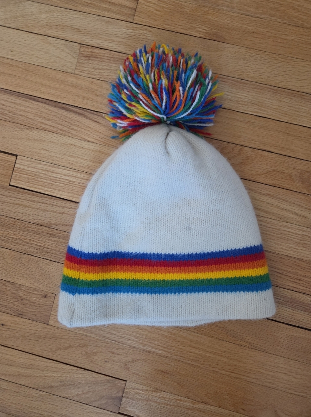 Rainbow Pom Beanie - White